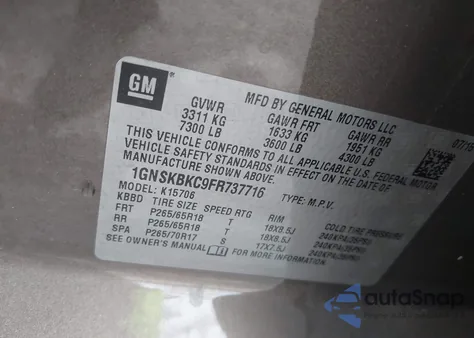 2015 Chevrolet Tahoe Lt из США, поврежденный, VIN 1GNSKBKC9FR737716